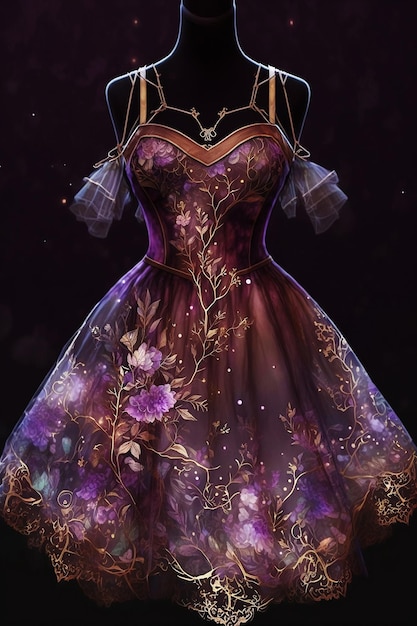 Beautiful violet dress with flowers on dark background