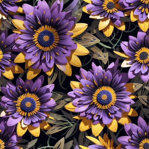 아름 다운 보라색과 노란색 환상적인 꽃 원활한 패턴