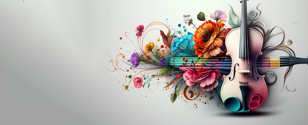 Photo beautiful violin with rustic colourful flower in pastel background for music festival banner