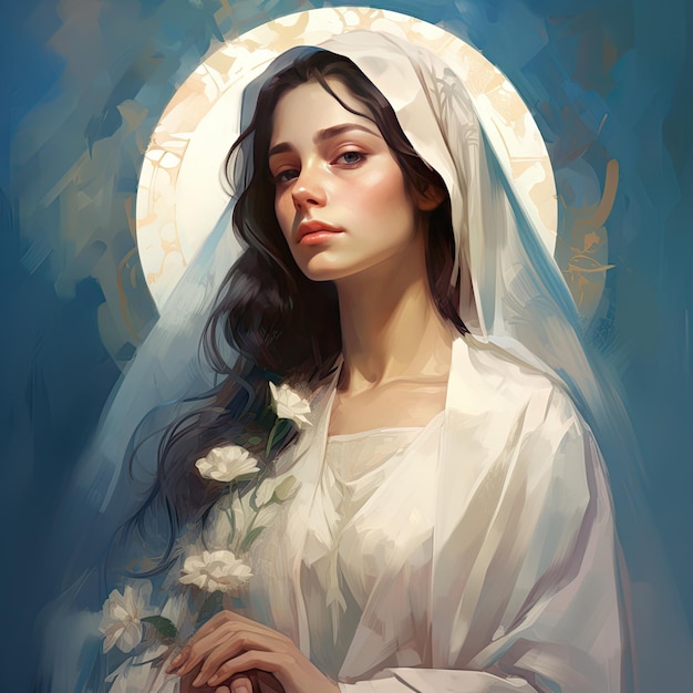 Beautiful Virgin Mary Our Lady painted style christian saint mother of God artwork illustration