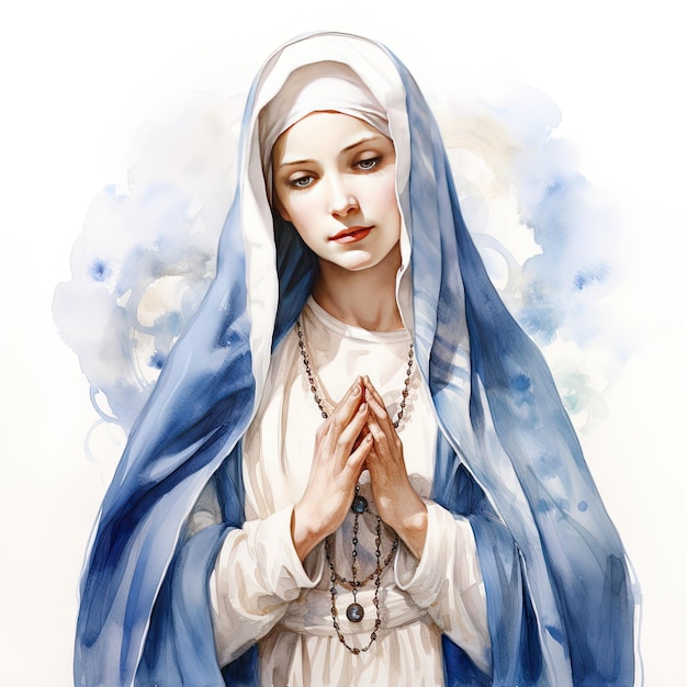 Beautiful Virgin Mary Our Lady praying with rosary in his hands watercolor detailed background