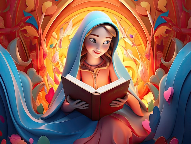 Beautiful Virgin Mary reading the Bible 3D character design cartoon colorful and playful scene