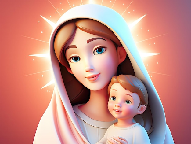 Beautiful Virgin Mary with his son Jesus 3D character design cartoon colorful and playful scene