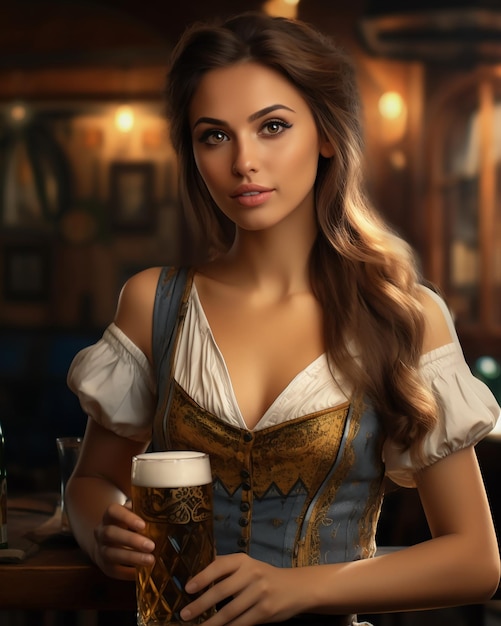 Beautiful waitress in a traditional European style tavern Oktoberfest festival