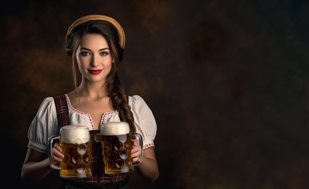 Foto bella cameriera che indossa il tradizionale dirndl e tiene boccali di birra isolati su marrone scuro