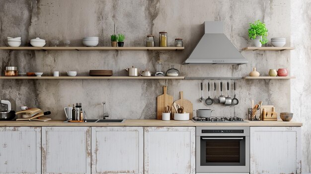 Beautiful wall mockup in kitchen interior background Farmhouse style Generative Ai