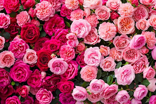 ピンクと赤いバラの美しい壁
