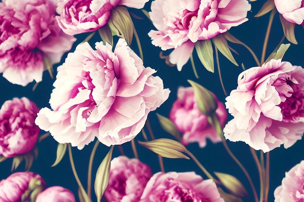 Beautiful wallpaper delicate pink peonies on blurred blue background