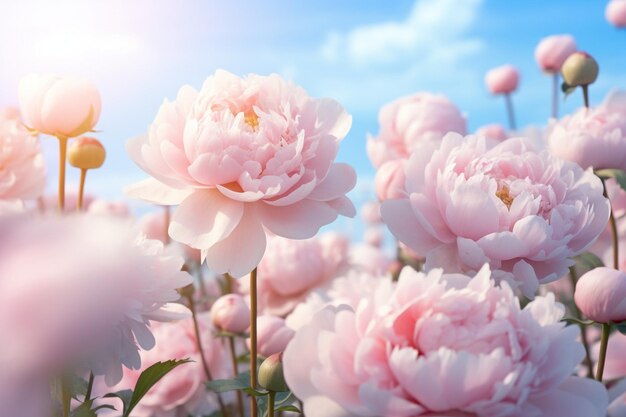 Фото Красивые обои нежные розовые пионы на размытом синем фоне