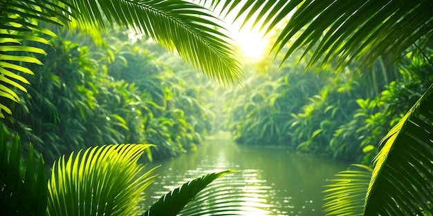 Beautiful wallpaper with a tropical landscape Jungle with river palms trees and other wild evergreen plants Tropical rainforest illustration Background with pristine nature