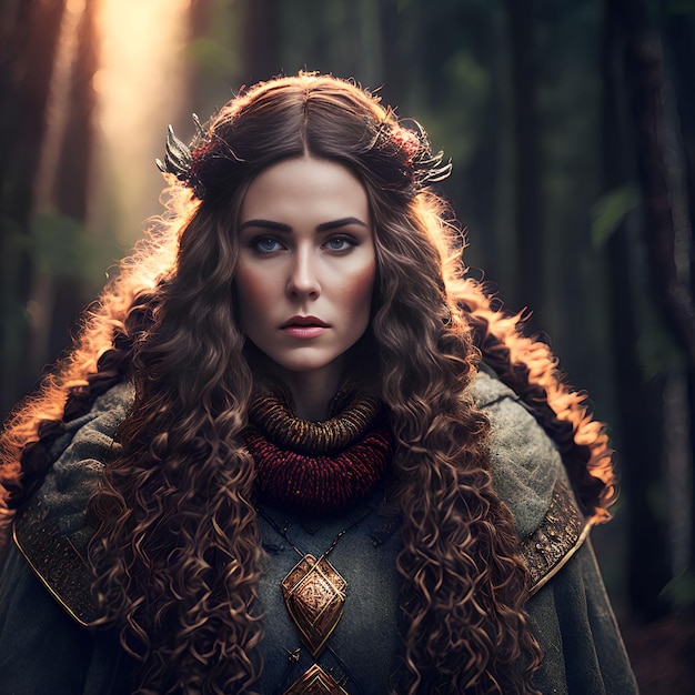 Beautiful warrior viking woman at the forest generative art by AI