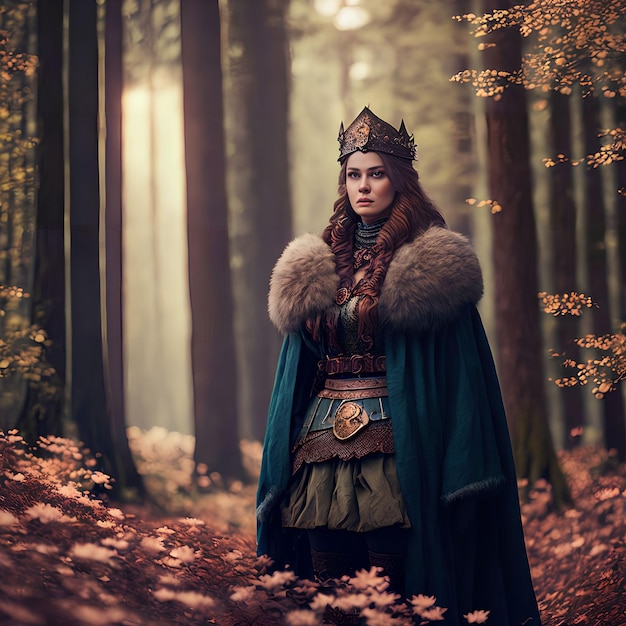 Beautiful warrior viking woman at the forest generative art by AI