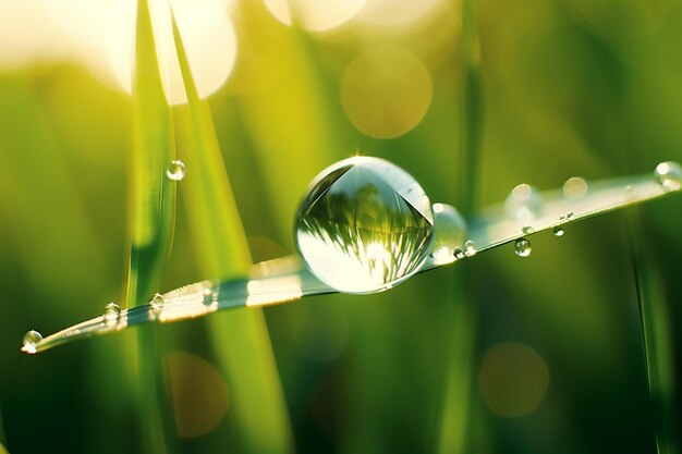 草の葉の上で輝く美しい水滴