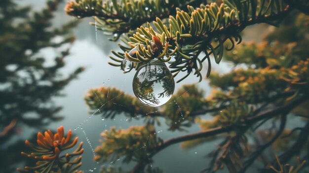 Photo a beautiful water droplet hangs from a spiders web reflecting the world around it