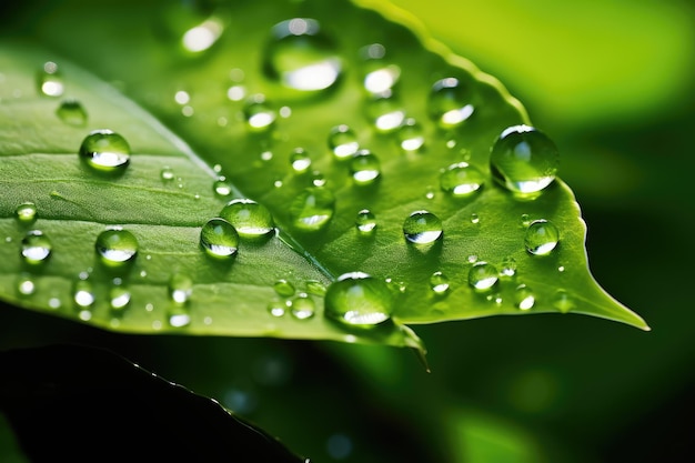 Beautiful water drops after rain on green leaf in sunlight