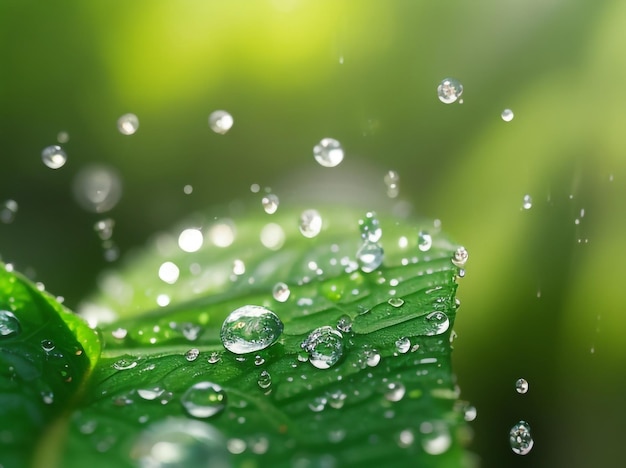 Photo beautiful water drops after rain on green leaf