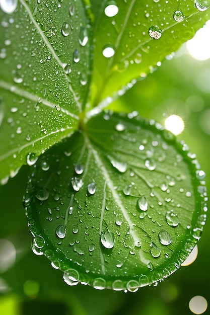 Фото Прекрасные капли воды после дождя на зеленый лист в солнечном свете макро многие капли утренней росы