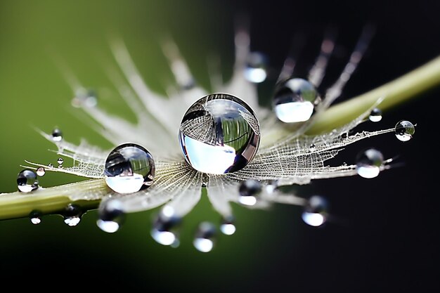 Beautiful water drops on a dandelion seed macro