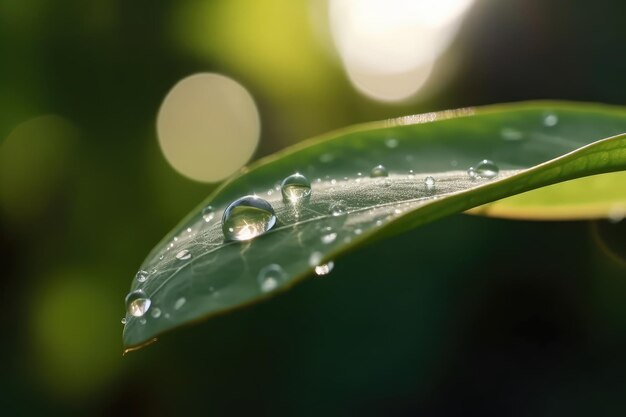 美しい水滴が太陽に輝く 葉に太陽の光を浴びて AIが生成した