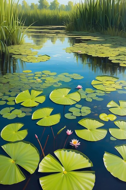 Beautiful water lilies grow on a green swamp summer