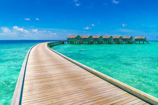 Beautiful water villas in tropical Maldives island  .