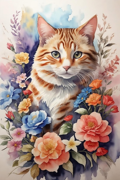 Beautiful Watercolor art of cat with flowers