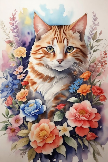 Beautiful Watercolor art of cat with flowers