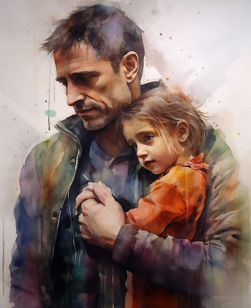 Beautiful watercolor artwork of a father and daughter a strong bond punchy colors