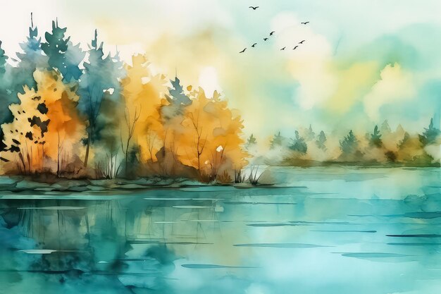 Beautiful watercolor autumn landscape with lush colorful autumn trees