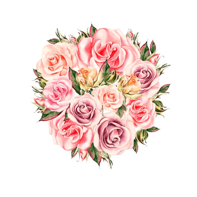 Beautiful watercolor bouquet of roses and leaves