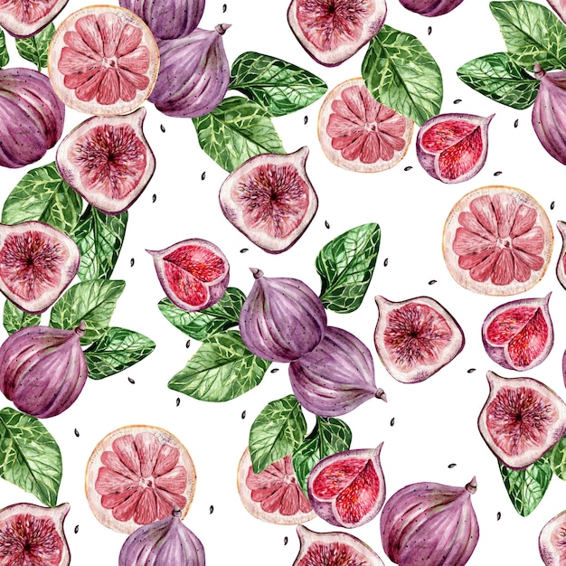 Photo beautiful watercolor bright pattern with  fig fruits. illustration