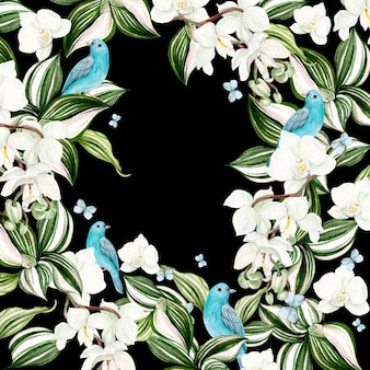 Bella carta acquerello con fiori di orchidea e cornice di uccelli blu su sfondo nero
