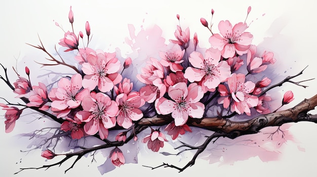 Beautiful Watercolor cherry blossom branch and sakura cherry pink flower illustration isolated on white background