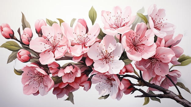 Красивая акварельная вишневая ветвь и вишня сакура розовая цветочная иллюстрация изолирована на белом фоне