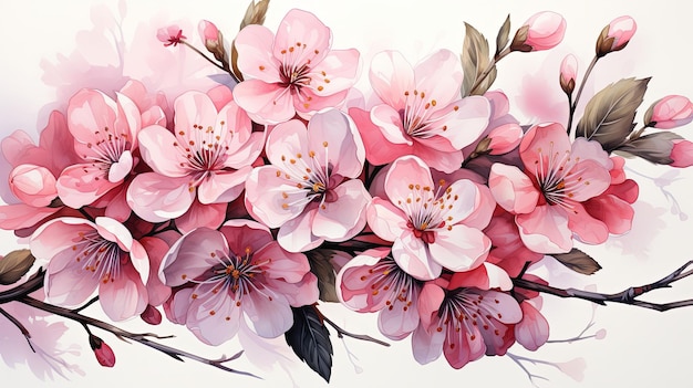 아름다운 수채화 <unk>꽃 가지와 사쿠라 <unk>나무 분홍색 꽃 일러스트레이션이  바탕에 고립되어 있습니다.