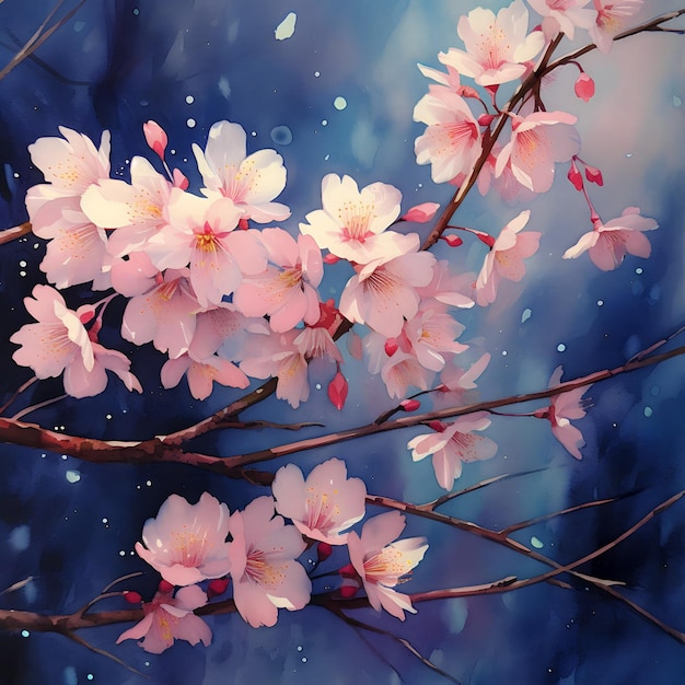 Beautiful watercolor Cherry blossom in night