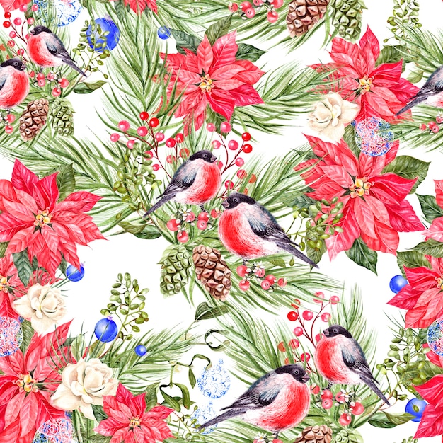 Beautiful watercolor Christmas pattern with bullfinch birds
