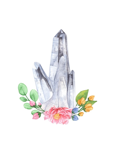 Beautiful watercolor clear quartz with flowers on white
