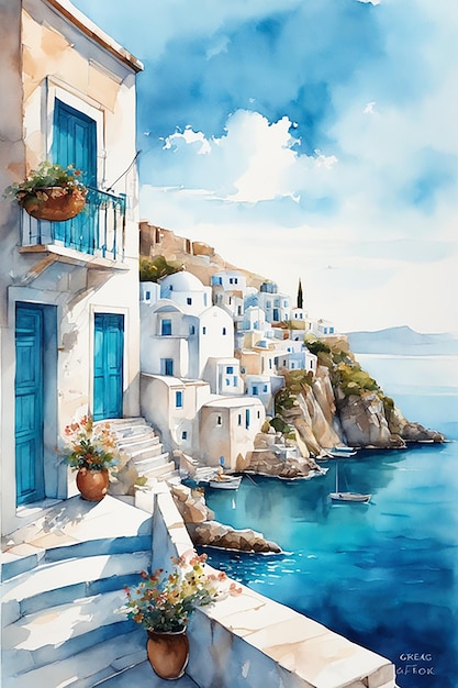 아름다운 수채화 클립아트는 그리스 산토리니의 아름다움을 포착합니다.