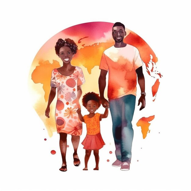 A beautiful watercolor depiction of a black family cherishing their time together