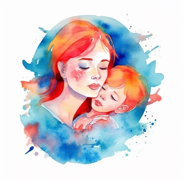 A beautiful watercolor depiction of a mother and kid with a strong connection