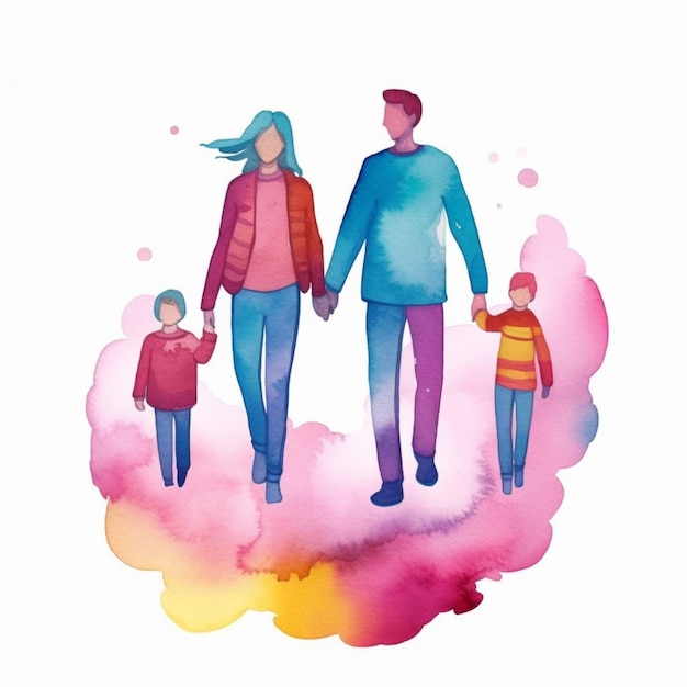 A beautiful watercolor depiction of a white family with parents and children
