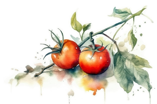 Beautiful Watercolor Drawing Cherry Tomato On A White Background Minimalist Style Generative AI