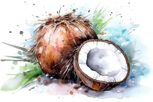 Beautiful Watercolor Drawing Coconut On A White Background Generative AI