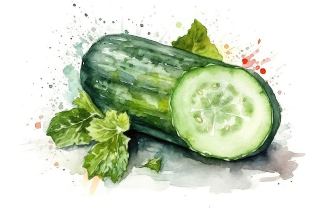 Beautiful Watercolor Drawing Cucumber On A White Background Minimalist Style Generative AI