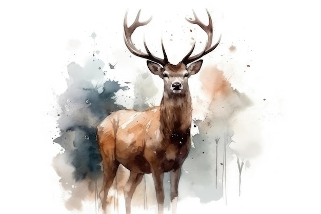 Beautiful Watercolor Drawing Deer On A White Background Minimalist Style Generative AI