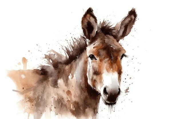 Beautiful Watercolor Drawing Donkey On A White Background Minimalist Style Generative AI