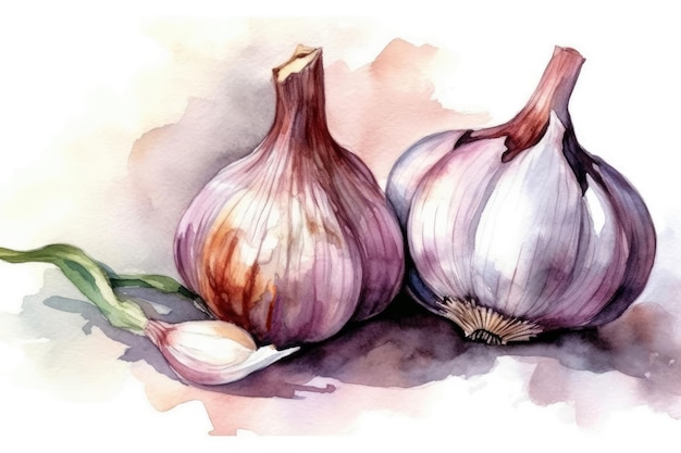 Beautiful Watercolor Drawing Garlic On A White Background Minimalist Style Generative AI