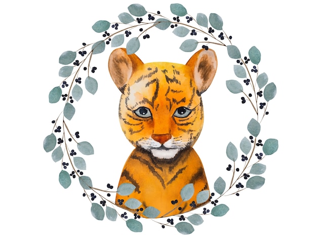 Bellissimo disegno ad acquerello di un piccolo cucciolo di tigre. preparazione per le vacanze. primo piano, niente persone. congratulazioni per i propri cari, parenti, amici e colleghi
