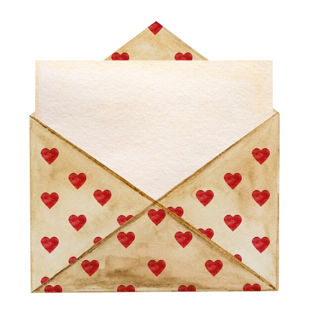 Beautiful watercolor drawing of a postal envelope and hearts.